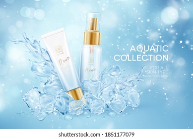 Bottles Of Cosmetics In Icy Transparent Clear Cubes In Water Crown Splash Isolated On Blue Transparent Background. Vector Illustration EPS10