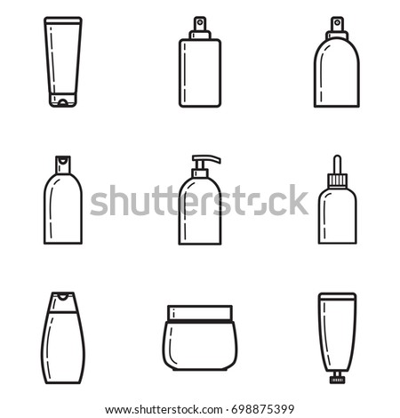 Bottles with cosmetics vector lineart icon set Isolated on white background