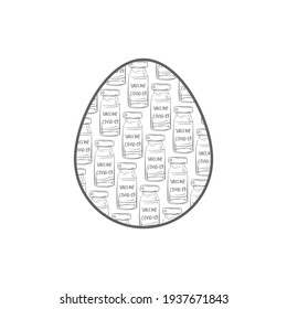 Bottles of covid-19 vaccine pattern inside Easter egg shape. Design element for Easter holidays in coronavirus pandemic times, minimal contemporary art