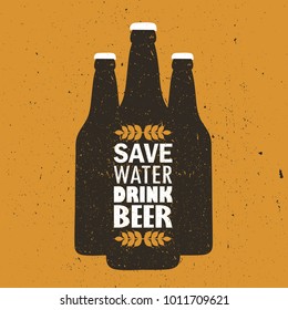 Bottles with craft beer and english text, hand drawn illustration. Colorful backdrop vector. Save water drink beer, poster design. Decorative wallpaper, good for printing. Background with beverage