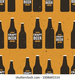 Bottles with craft beer, hand drawn seamless pattern. Colorful backdrop, english text. Drink set vector. Decorative illustration, good for printing. Wallpaper flat design