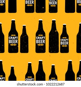 Bottles with craft beer, hand drawn seamless pattern. Colorful overlapping backdrop, english text. Drink set vector. Decorative illustration, good for printing. Wallpaper flat design
