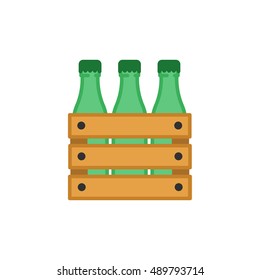 bottles in crate icon.  Beer bottles in wooden box, flat design