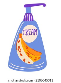 Bottles of cream. Bright cream for body and hands with banana. Lotion, lipstick, spray. Skin care products. Cosmetic. Vector cartoon illustration.