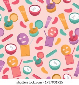 Bottles, creams, tubes, shampoos, beauty items. Skin care seamless pattern. Cosmetic,makeup.Vector cartoon flat illustration. Background, wallpaper.Texture. Face mask, hand cream, eye patches