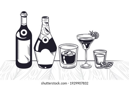 bottles and cups alcoholic beverages