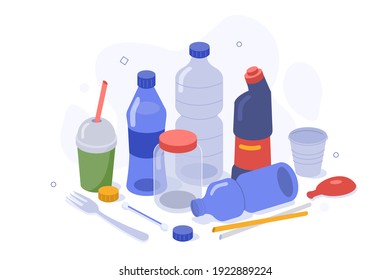 Bottles, Cups,  Drinking Straws, Cotton Swabs and other Plastic Trash. Plastic Pollution Problem and Plastic Waste Segregation Concept. Flat Cartoon Vector Illustration.
