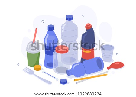 Bottles, Cups,  Drinking Straws, Cotton Swabs and other Plastic Trash. Plastic Pollution Problem and Plastic Waste Segregation Concept. Flat Cartoon Vector Illustration.
