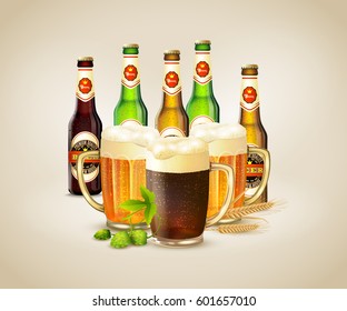 Bottles and cups with fresh cold dark and light beer realistic background vector illustration