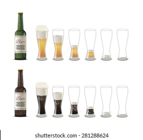 Bottles with dark and light beer. Glasses with light and dark beer of varying degrees of fullness icons isolated on white