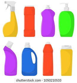 The bottles of detergent, washing powder, detergent powder, bottle of spray, a means for washing dishes. A simple illustration in the flat style, isolated on white background