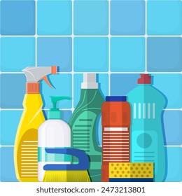 The bottles of detergent, washing powder, detergent powder, bottle of spray, cleaning sponge, cleaning brush. Cleaning services concept. Vector illustration in flat style