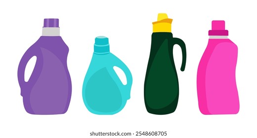 Las botellas de detergente, detergente en polvo, detergente en polvo, botella de spray, un medio para lavar platos. Una ilustración simple en el estilo plano, aislado en el fondo blanco