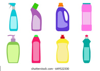 The bottles of detergent, washing powder, detergent powder, bottle of spray, a means for washing dishes. A simple illustration in the flat style, isolated on white background