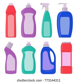 The bottles of detergent, washing powder, detergent powder, bottle of spray, a means for washing dishes. A simple illustration in the flat style, isolated on white background.