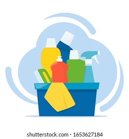 Bottles of detergents and cleaning products in a box, rag and cleaning brush. Cleaning services concept. Vector illustration, flat style