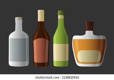 Bottles of different alcoholic drinks. Vector set includes white wine, vodka, liquor, cognac. Illustration of glass bottles for restaurant or bar menu, articles, etc.