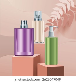 Bottles of different colors for cosmetics on pedestals
