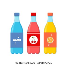 Flaschen mit verschiedenen schwindelerregenden Getränken. Natrium, Wasser, Saft in Plastikflaschen, Getränke mit unterschiedlichen Aromen einzeln auf weißem Hintergrund. Vektorgrafik