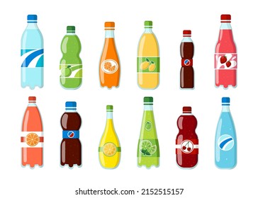 Bottles of different fizzy drinks vector illustrations set. Soda, water, juice in plastic or glass bottles, beverages with different flavors isolated on white background. Beverage, refreshment concept svg