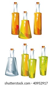 Bottles different forms with sunflower  oil, sauce and vinegar.