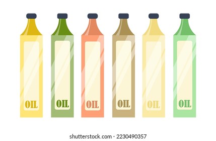 Botellas con diferentes tipos de ilustraciones vectoriales de aceite. Colección de botellas de vidrio coloridas con aceites de oliva, sésamo y de cocina aislados en fondo blanco. Comida, cocina, nutrición