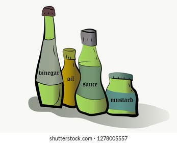 bottles with different liquids for cooking advertising