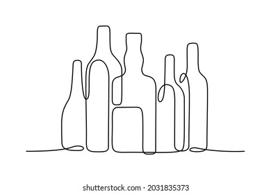 Bottles Of Different Shapes In Continuous Line Art Drawing Style. Alcoholic Drinks Collection. Liquor Store, Bar Or Pub Establishment Minimalist Black Linear Sketch Isolated On White Background