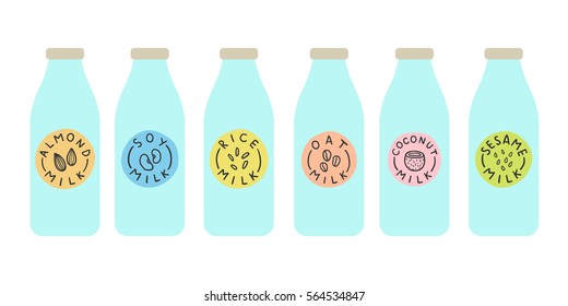 Bottles with different variation of plant based milk. Vector hand drawn illustration