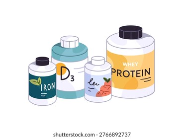Bottles of different vitamins and supplements for healthy lifestyle. Pills of Iron, whey protein, capsules of D3. Dietary nutrition and energy food. Flat isolated vector illustration on white