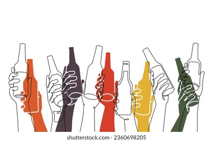 Bottles with differrent drinks in hands isolated on white backgroud. Vector illustration.  Can be yoused as a wall poster, print, sticker, element of banner.