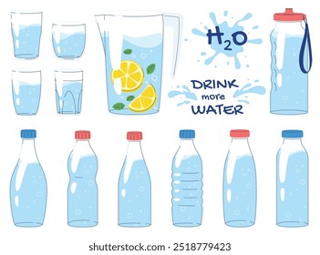 Bottles and dishes with water. Drink more water. Maintenance of water balance in the human body. Vector illustration