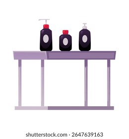 Garrafas e dispensador sobre a mesa. Xampu, gel de cabelo, loção. Pacotes de cosméticos decorativos e de spa. Ilustração plana vetorial isolada em branco. Acessório de moda salão de beleza