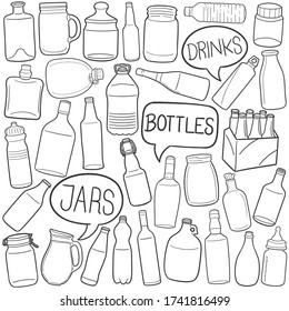 Bottles doodle icon set. Glass Pot Vector illustration collection. Jars Hand drawn Line art style.