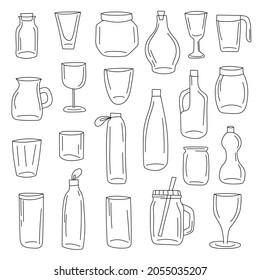 Bottles doodle icon set. Glass Pot Vector illustration collection. Jars Hand drawn Line art style.