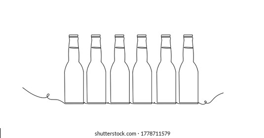 Bottles drawing background. six bottles one continues line illustration.   Beer one line vector illlustration. Bottles pattern