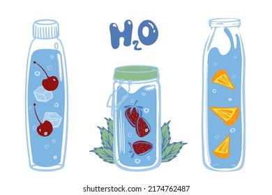 A bottles of drinking water set. Hand drawn line vector illustration isolated on white background. Water with mint leaves, cherry, Strawberry, lemon and ice.