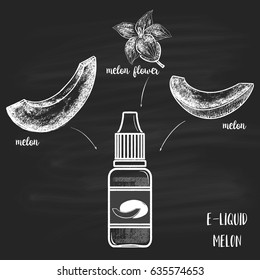   Bottles E-liquid  with melon taste surrounded by halves of an melon. Illustration chalk on a blackboard. Poster for vape shop.