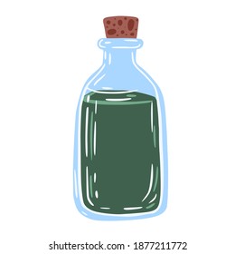 Bottles of elixir isolated on white background. Vintage witch flask color green . Doodle vector illustration.
