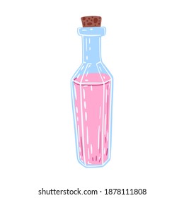 Bottles of elixir isolated on white background. Vintage witch flask color pink. Doodle vector illustration.