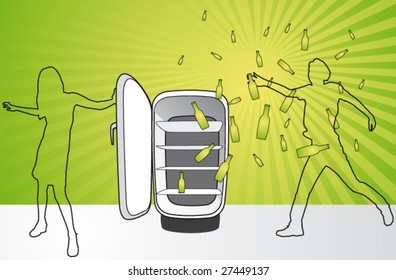 Bottles escaping from a fridge.