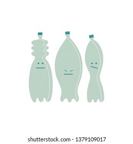 Bottles with faces vector illustrations set. No plastic lettering. Kawaii containers cartoon clipart. Non recyclable material. Environment pollution. Zero waste. Rubbish, trash isolated design element