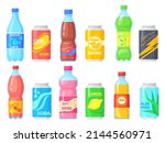 Bottles fizzy drinks. Nonalcoholic drink bottle and can soda beverage, cold pop sprite with orange sweet juice, drinking energy water nonalcohol, cartoon neat vector illustration