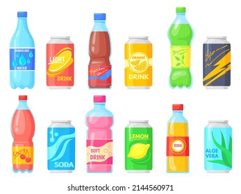 Bottles fizzy drinks. Nonalcoholic drink bottle and can soda beverage, cold pop sprite with orange sweet juice, drinking energy water nonalcohol, cartoon neat vector illustration