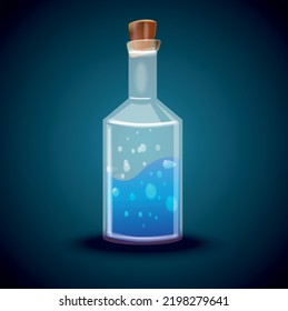 bottles and flasks of color liquids on dark blue background 