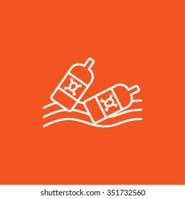 Bottles floating in the water line icon for web, mobile and infographics. Vector white icon isolated on red background.