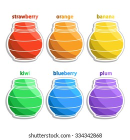 Bottles of fruit juice - vector isolated set or collection. Stickers of colorful jars palette.