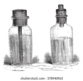 Bottles gasoline, vintage engraved illustration. Magasin Pittoresque 1876.