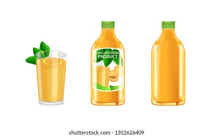  Bottles and glas with natural orange juice.  Useful natural tasty product. 3d realistic vector illustration.