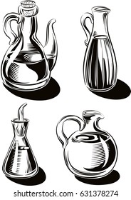 Bottles and glass containers of extra virgin olive oil.